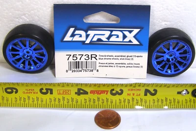 LaTrax Tires & Wheels Assy Glued 2ct. #7573R Blue Chrome Wheels SI5/6 - Image 1 of 4