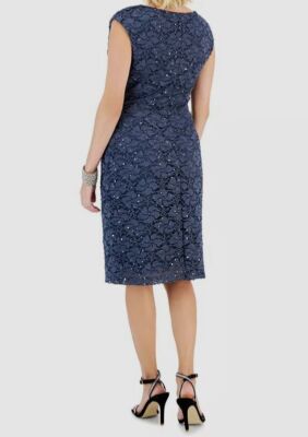 Connected Apparel Womens Petites Knee-Length Cowl Neck Sheath Dress Blue 4P Connected Apparel Womens Petites Knee-Length Cowl Neck Sheath Dress Blue 4P