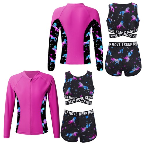 Girls Swimsuit 3 Pieces Kids Swim Set Rash Guard Bathing Suit Kids Long Sleeve - Picture 11 of 22