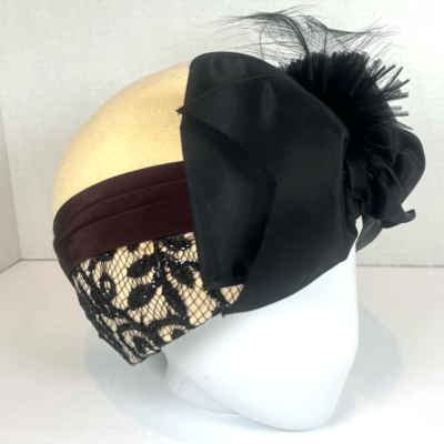 Vintage Whittall & Shon Pillbox Hat Beige Brown Black Lace  display picture 2