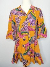 FARM RIO Macaws Mini Shirt Dress M Multicolored Tropical Bird Print Short Sleeve