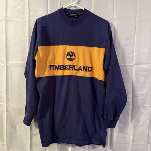 Timberland, Timberland 1998 Vintage Long Sleeve Top 90s Y2K M Navy Blue Yellow Shirt