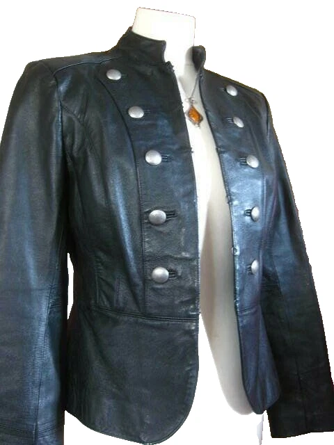 CHAQUETA MILITAR DE CUERO NEXT 12 10 Botones Negro Plata Caballería Steampunk Real Foto 2 de 4