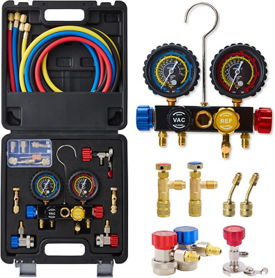 Set manómetro AC R410A R134A R22 con mangueras y herramientas pro.