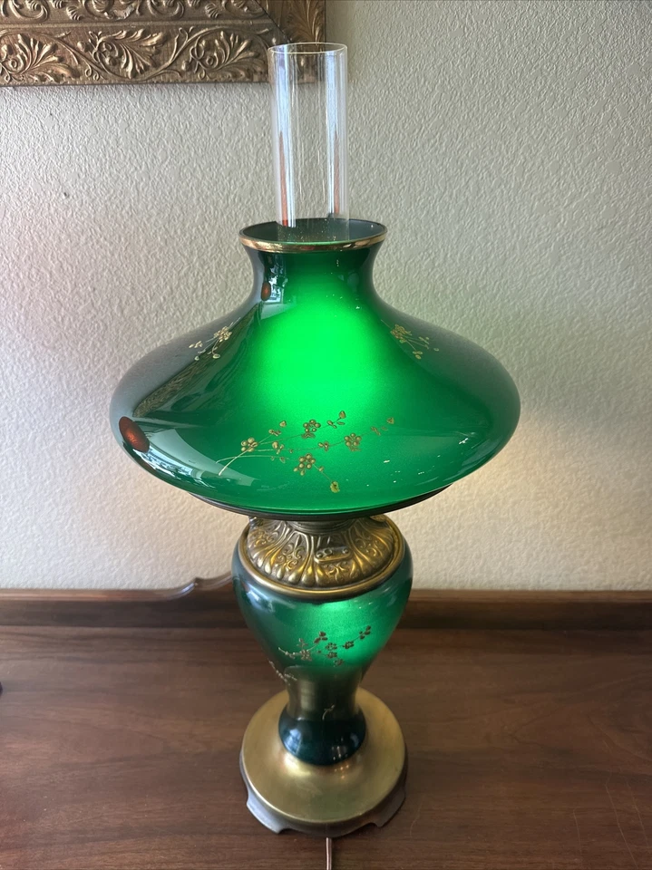 Винтажная Старинная Зеленая Tam-O-Shanter АБАЖУР и Базовая Масляная ЛАМПА Ручная Роспись Цветы - Изображение 3 из 4