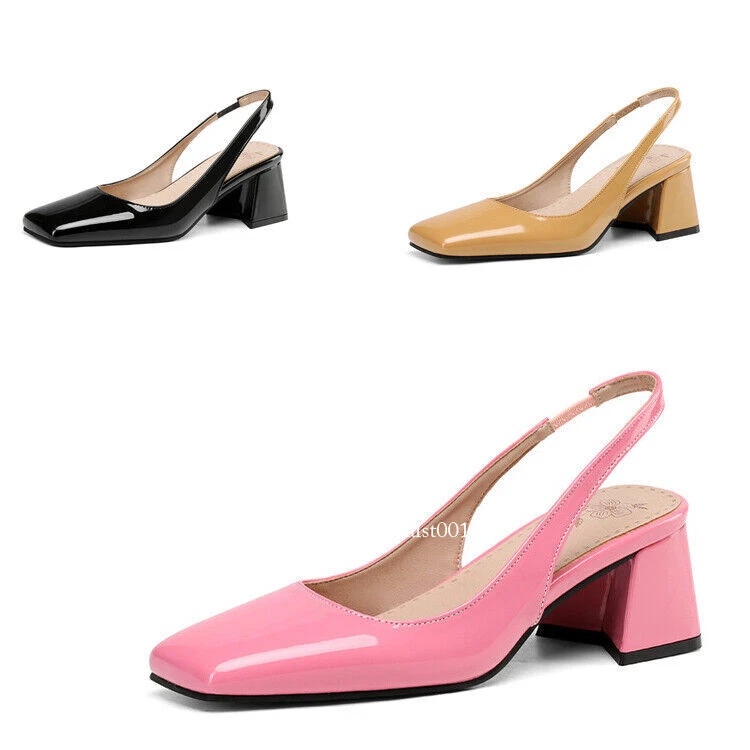 Sandalias brillantes de tacón grueso con punta cuadrada de charol talla para mujer Foto 4 de 4