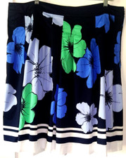 TALBOTS 18 Navy w/ Floral Print Polished Cotton Pleated Unlined Skirt w/Side Zip