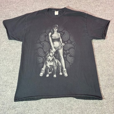 Y2K Pitbull Sugar Skull Tattoo Woman With Pitbull Black T-Shirt XL Grunge Skull