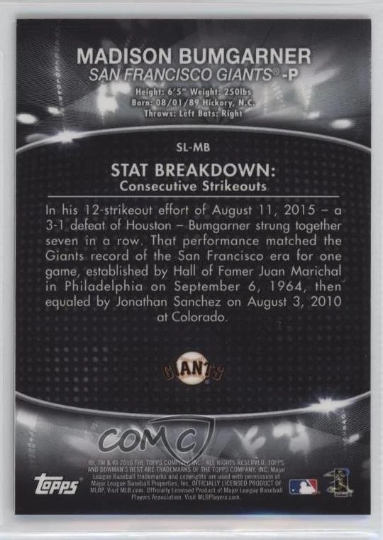2016 Bowman's Best Stat Lines Atomic Refractor Madison Bumgarner #SL-MB - Image 2 of 2