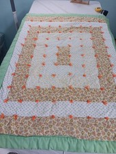 Vintage Baby Quilt 46  35 Floral Print with Green Gingham Edging Hand Sewn