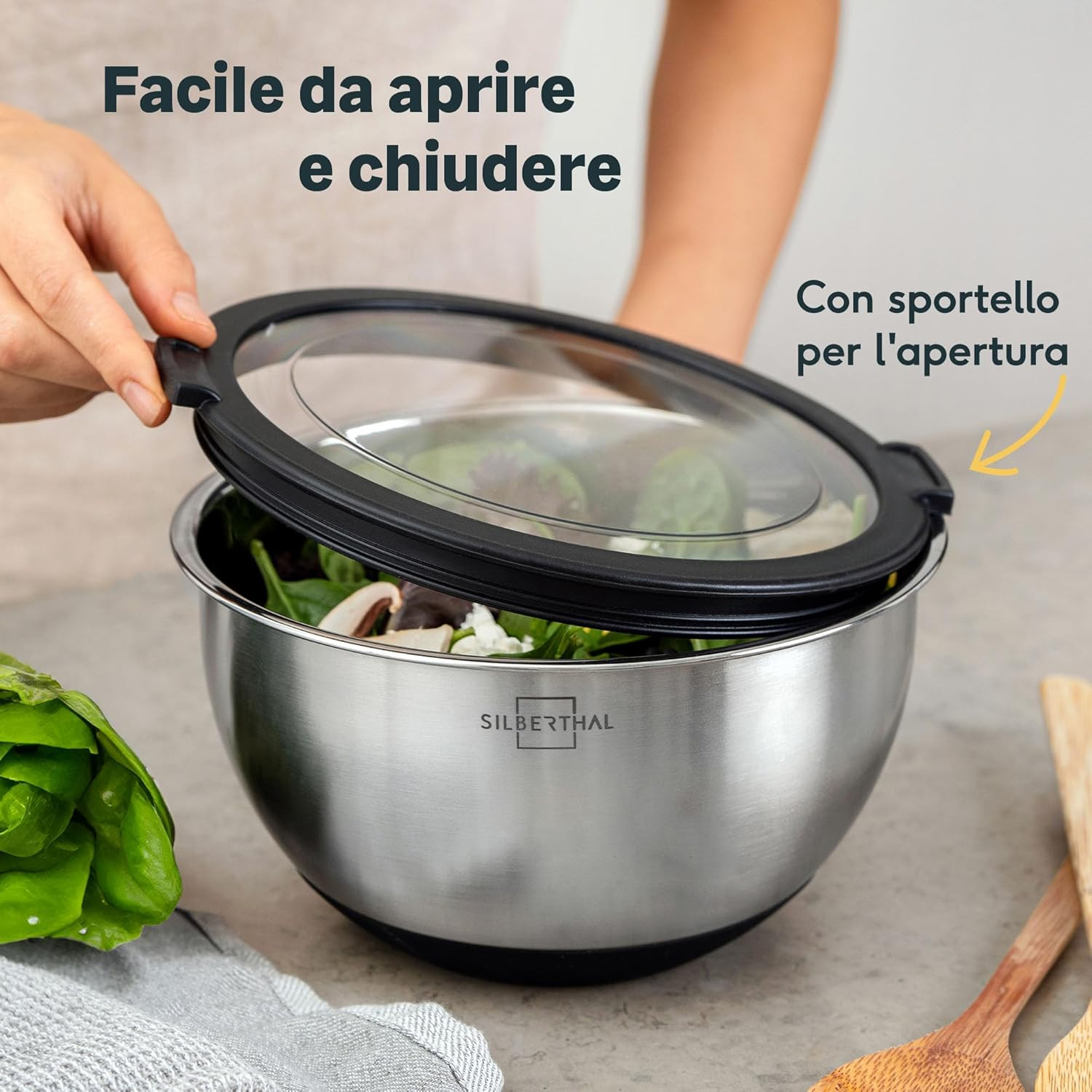 Coninx Set 3 Ciotole In Acciaio Inox Con Coperchi Ermetici | 1,25L - 2,5L - 4,5L Impilabili Con Versatore