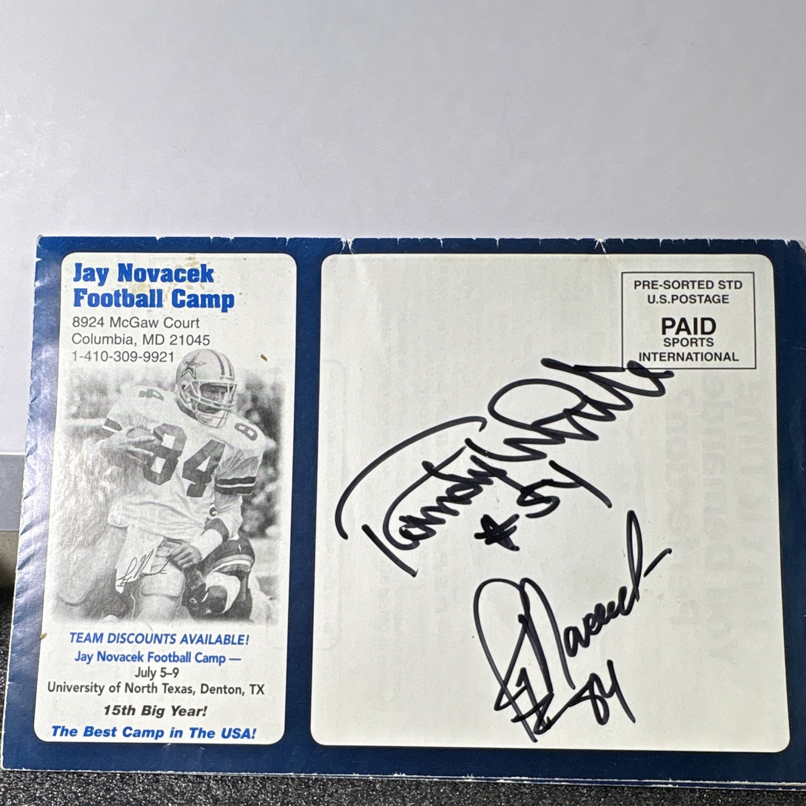 Sports International Jay Novacek Football Camp #84 Autographed Dallas Cowboys