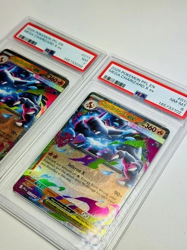 2x 2025 POKEMON PFL EN-PHANTASMAL FLAMES #013 MEGA CHARIZARD X EX PSA 8 & 6