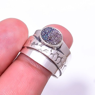 Peacock Titanium Agate Drusy Designer Handmade 925 Sterling Silver Ring s.8 Su10
