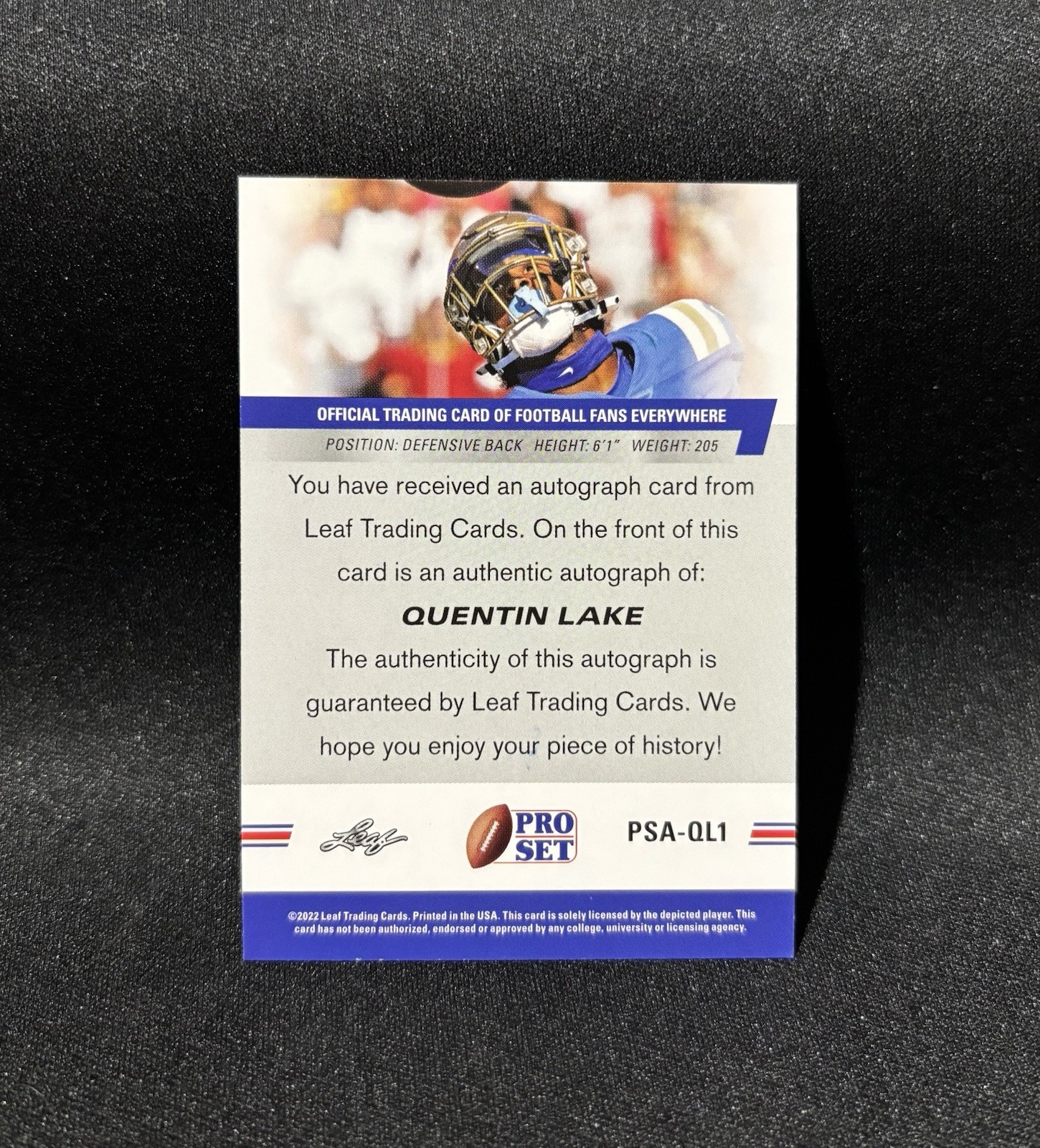 Leaf 2022 Pro Set Quentin Lake Rookie Autograph #PSA-QL1 Los Angeles Rams view 2