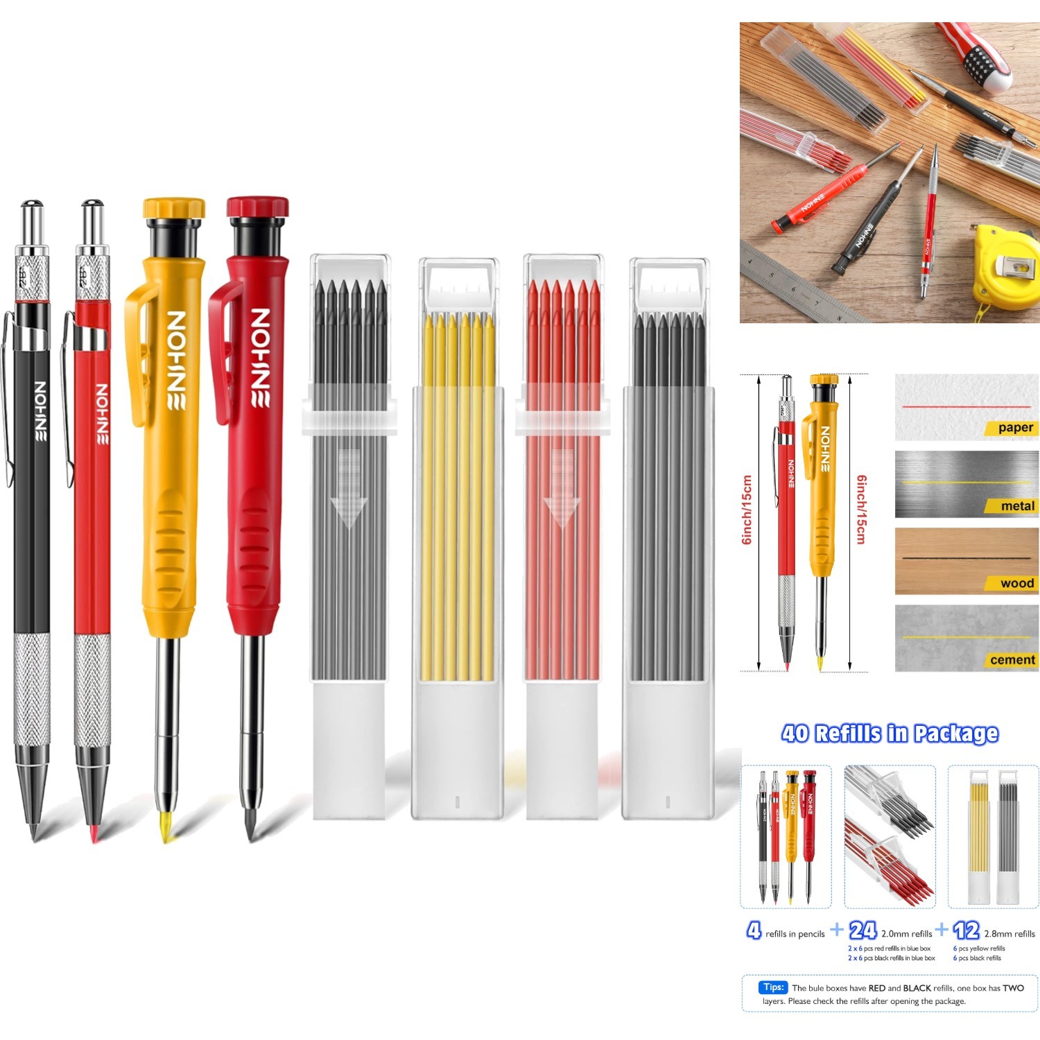 Kit Woodworking Deep Hole Marker 36 Refills & Sharpener