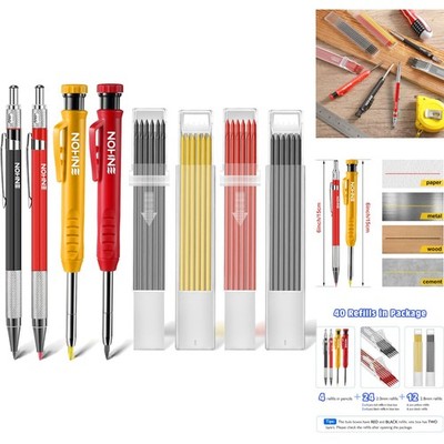 4pc Construction Pencil Kit Woodworking Deep Hole Marker 36 Refills & Sharpener