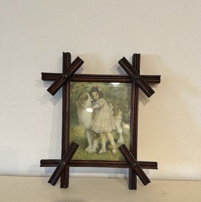 Vintage 20th Century Girl And Dog Image In Criss Cross Adiraondack Frame