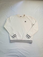 Fila Size M Crewneck Sweater Womens White Navy Pullover Ribbed Hem Logo Ca10