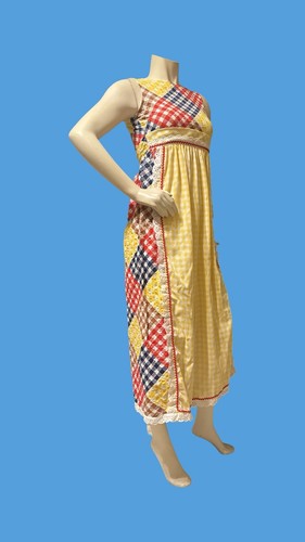 VINTAGE RARE Lord & Taylor 70s Pinafore Searsucker Maxi Dress Festival Hippie S - Picture 10 of 11
