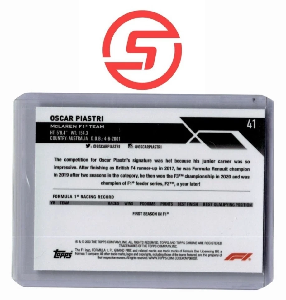 2023 Topps Chrome F1 OSCAR PIASTI McLaren Rookie Card #41 - Image 2 of 2