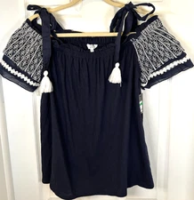 NEW! CROWN & IVY Blouse Sz L Navy Blue Embroider Strappy Eyelet Coastal Top NWT