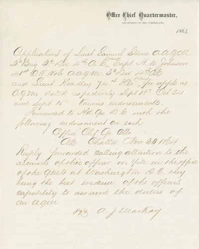 Civil War 1864 Department of the Cumberland Quartermaster Application Document