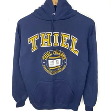Vintage 80’s Thiel College Navy Blue Hoodie Sweatshirt Made In USA Size Large