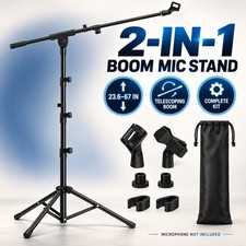 2-in-1 Tripod Mic Stand with Boom Arm, 23.6-67" Steel, 2 Clips Carry Bag