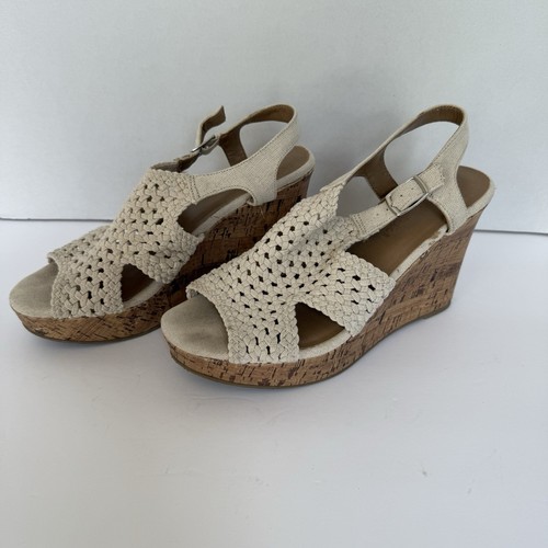 Canvas Macrame Faux Cork Open Toe Wedge Sandals Taffy Neutral Womans 8.5 Boho - Picture 3 of 11
