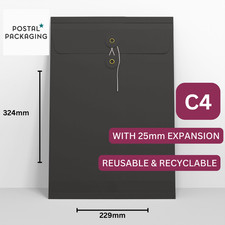 C4 A4 (324x229mm) Black Gusset String & Washer Envelopes Button Tie CHEAP