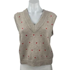 Envii Enredwood Beige Tan Heart Embroidered V-neck Wool Sweater Vest Tank Top S