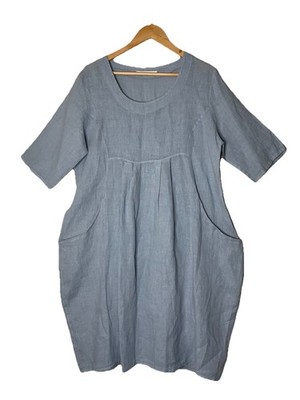 Woolovers Women Linen Short Sleeves Dress Blue Size 14 Lagenlook Beach