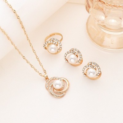 3Pcs/ SetWomen's Jewelry Rhinestone Flowers Pendants Necklace Earrings Rings