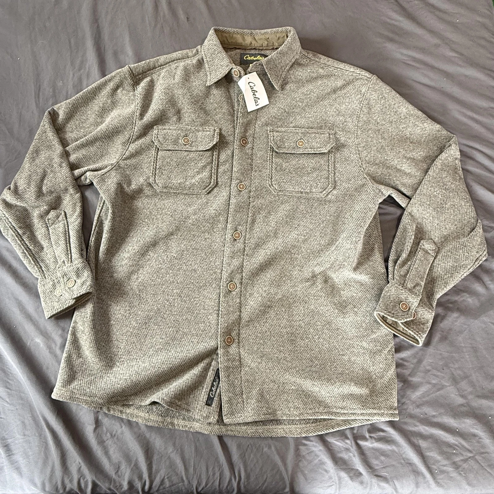 Cabela's Shirt Mens L Gray Long Sleeve Button Up Knit Casual Pockets Fall
