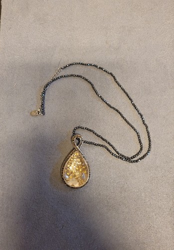 Sterling Silver Floating Smokey Quartz Teardrop Pendant Faceted Hematite Chain - Picture 8 of 12