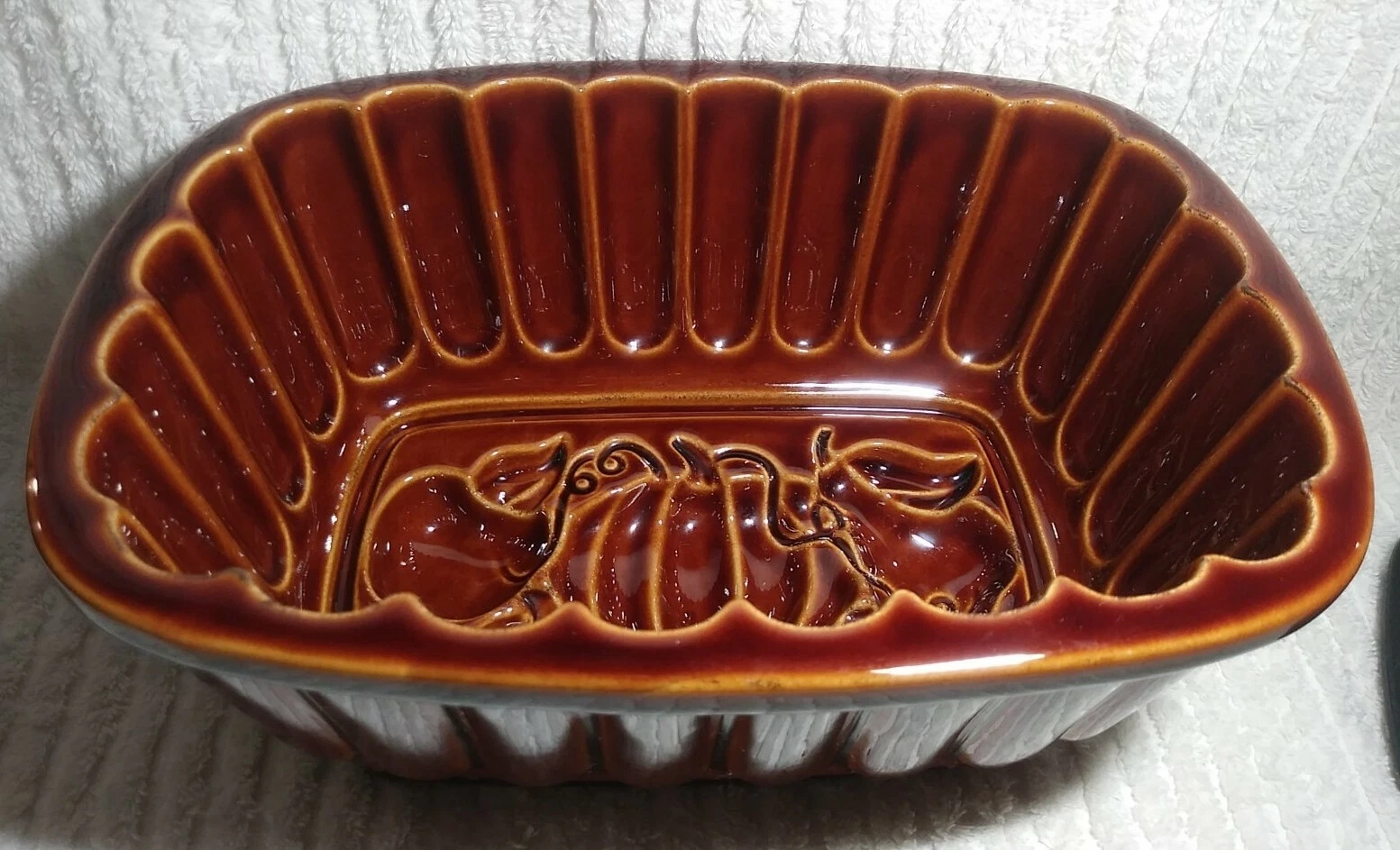 Vintage Bread Pan Brown Embossed Pumpkins Loaf Stoneware Baking Thanksgiving