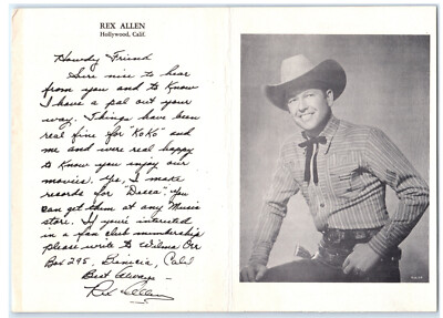 REX ALLEN Autogramm handgeschrieben signiert Brief amerikanischer Schauspieler & Sänger