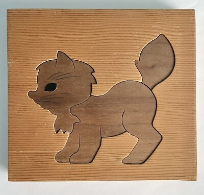 SHIPS FREE Child's Handmade Wooden Kitten Puzzle, Felt back, Artist signed, 1982