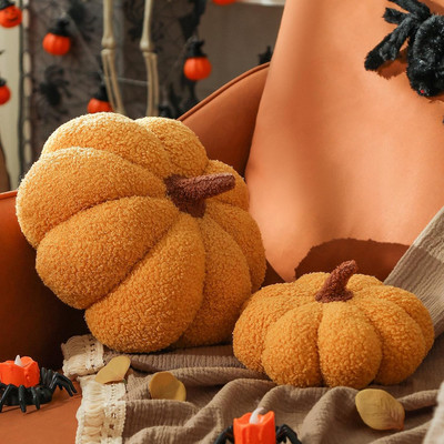 Set of 2 Pumpkin Pillows, Yellow Teddy Fleece Throw Pillows, 6x12 & 4x7 Inches