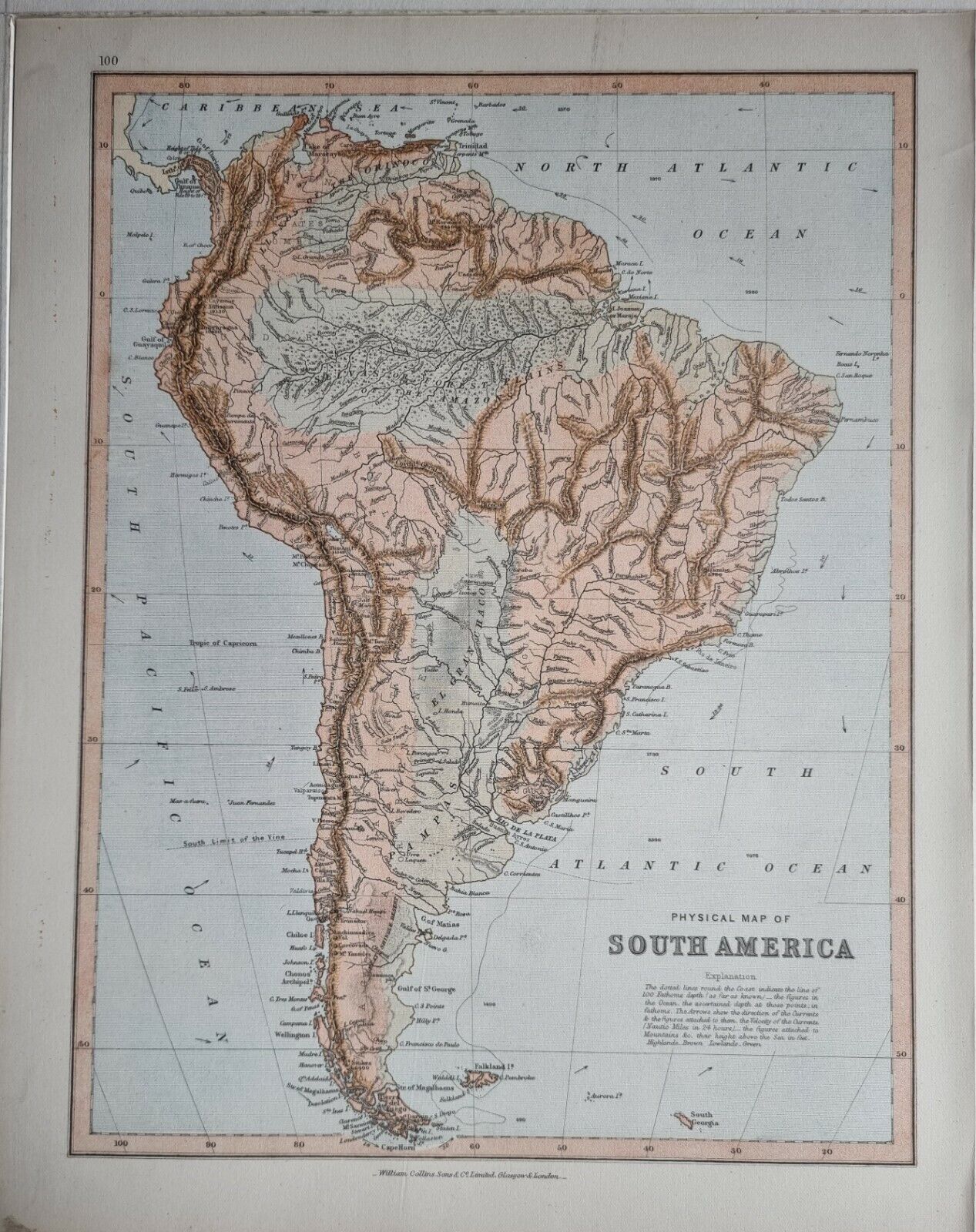1878 Antique Map Physical South America Forest Plains Amazons El Gran Chaco Zapas w specjalnej cenie