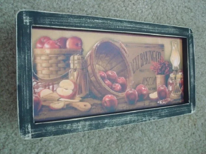 Prim Country Print *2 OLD BASKETS WITH APPLES* 6" x 12" handmade black frame - Image 2 of 3