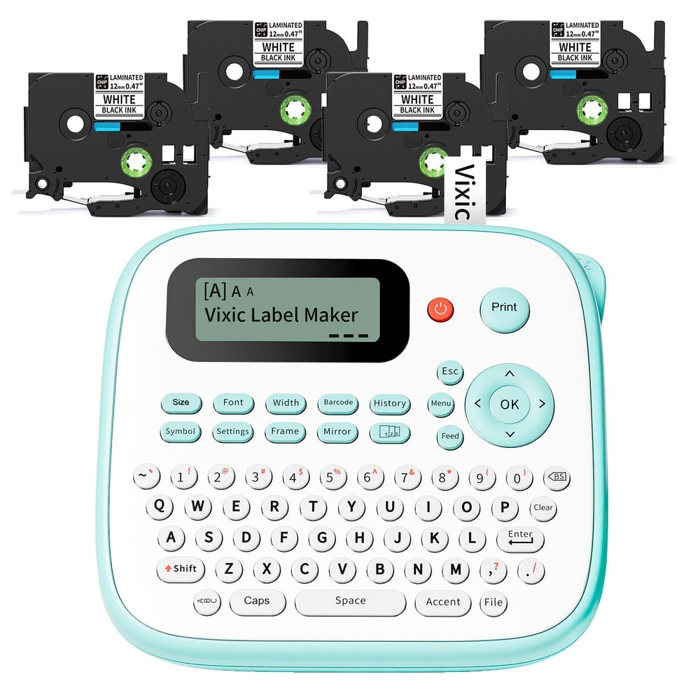 Vixic D210S Label Maker with 4 Laminated 12mm Tapes for Home Office Organization