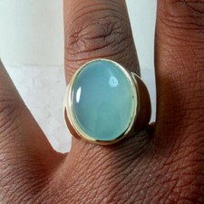 Natural Aqua Cab Chalcedony Gemstone Sterling Silver Yellow Gold Plated Ring