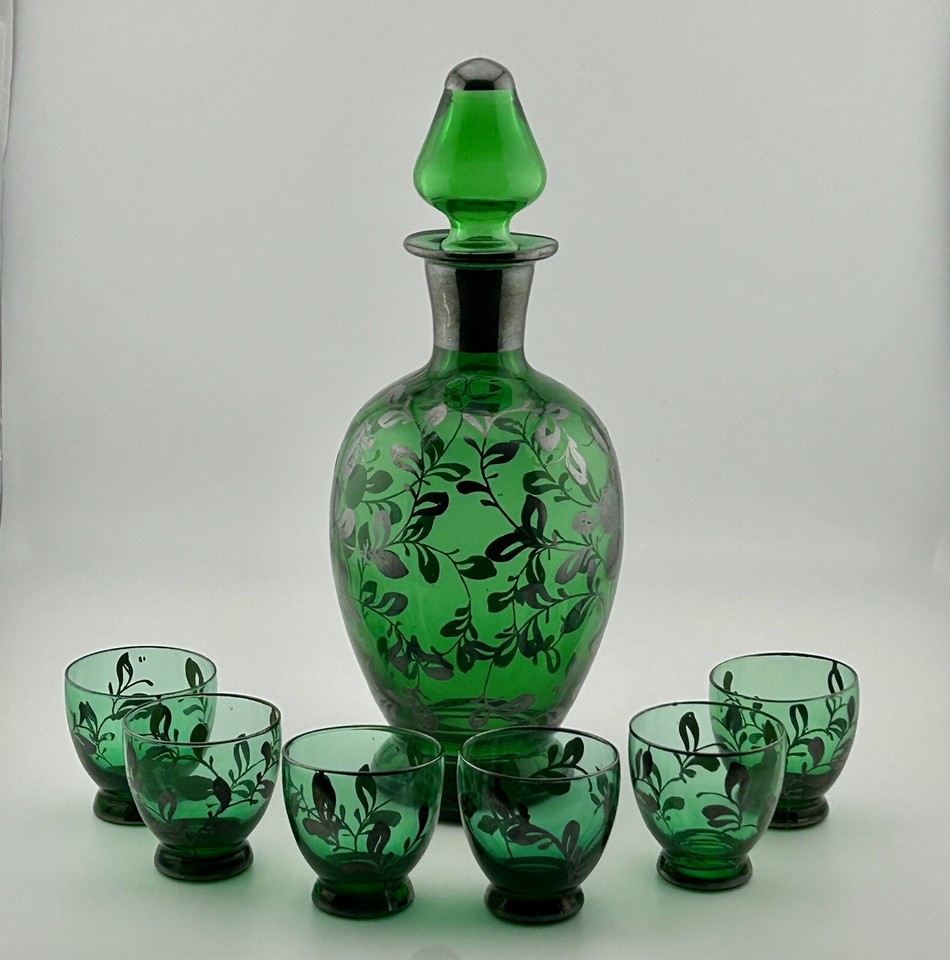 Italian Emerald Glass Decanter Set Sterling Silver Overlay 6 Cordials 1930s VTG