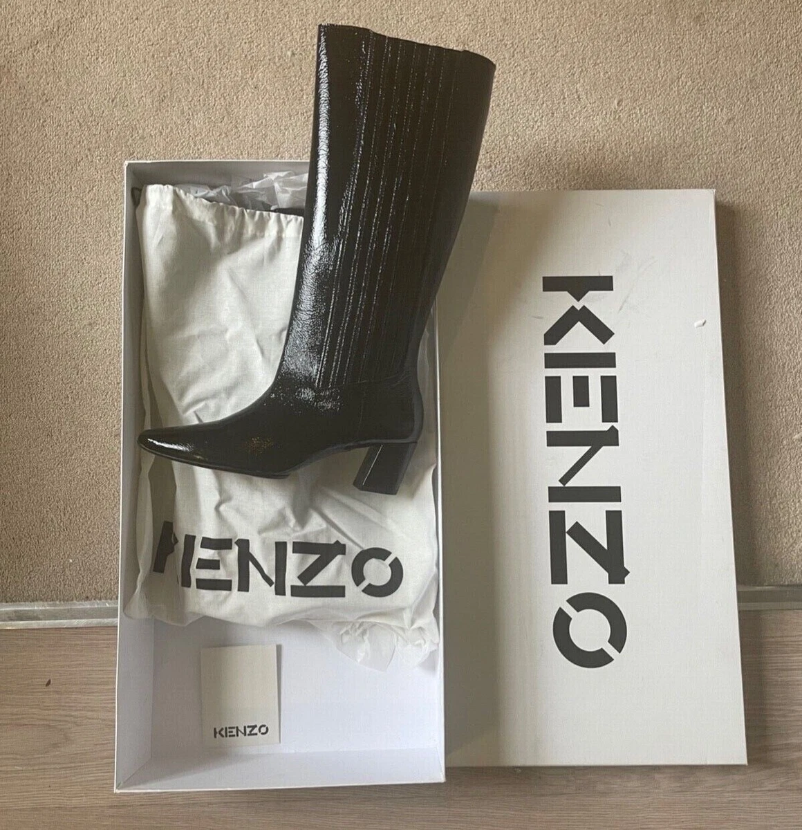 Brand New KENZO knee high black boots in soft patent leather WITH BOX size 4
