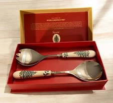 SPODE Christmas Salad Serving Set Tree Ceramic/Stainless NIB