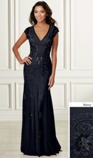 ADRIANNA PAPELL Navy Blue V-Neck Beaded Sequin Embellished Maxi Gown Dress 14   
