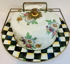 Vintage Mackenzie Childs Enamel Floral Market Courtly Dome Cake Platter+Carrier