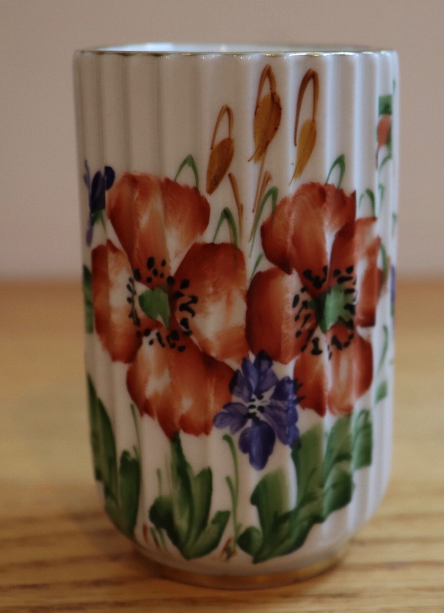 LYNGBY PORCELAIN HAND PAINTED FLORAL RIBBED VASE -1960
